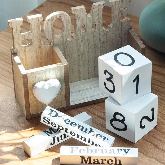 Wooden Perpetual Calendar & Pen Holder – Elegant Desk Organizer