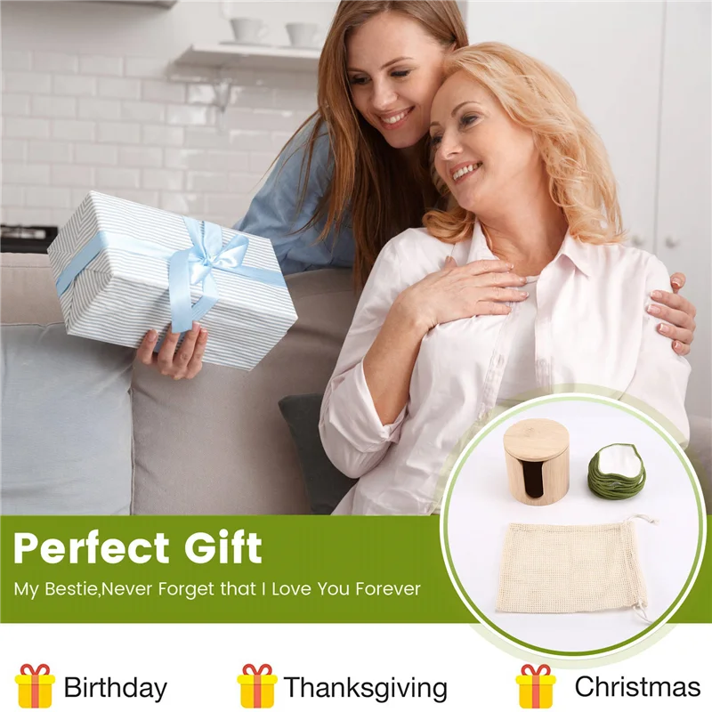 可重复使用的竹制卸妆垫 - 超柔软、环保、带纯素竹桶的礼品套装