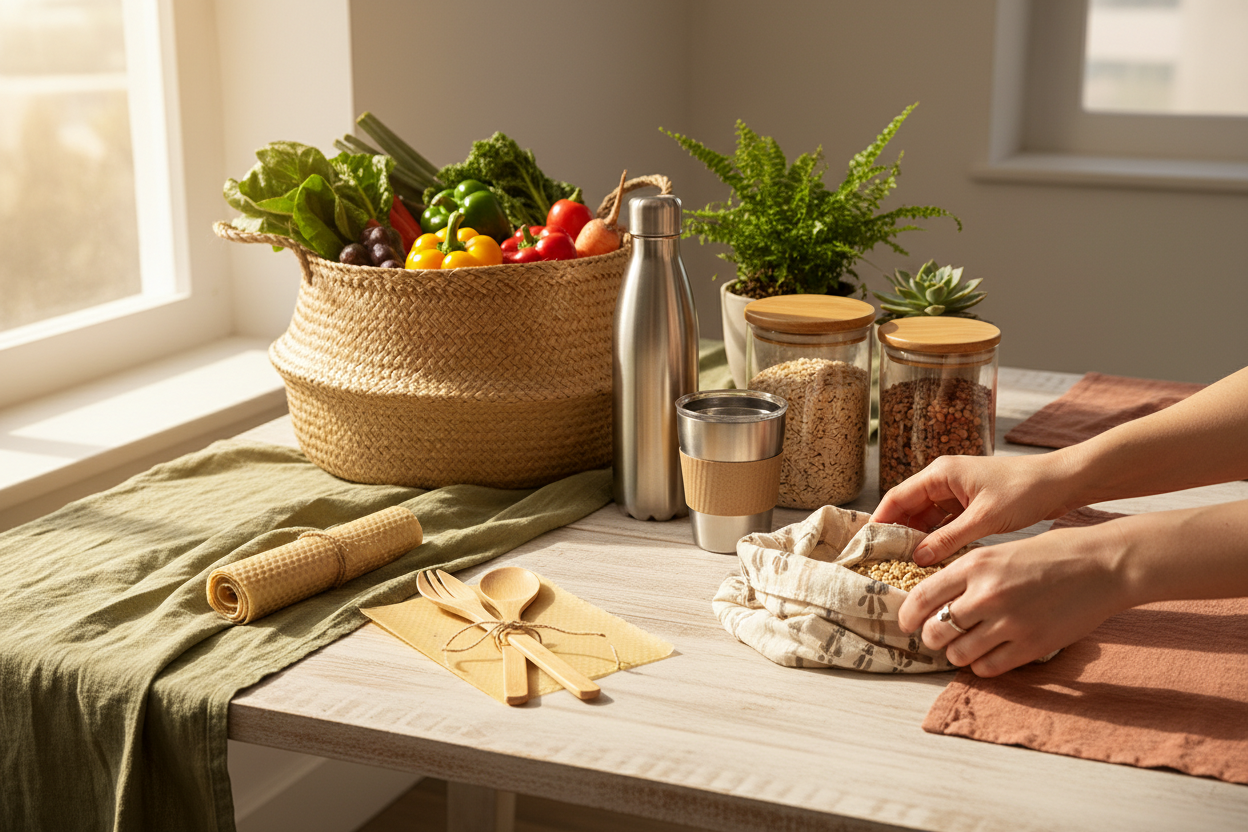 create image follow concept: Turn everyday habits into positive actions for the planet. The Zero-Waste Lifestyle collection features thoughtfully designed products that reduce waste, offer long-lasting durability, and replace single-use plastics.Choose natural, safer, and more eco-friendly options for you and the Earth.